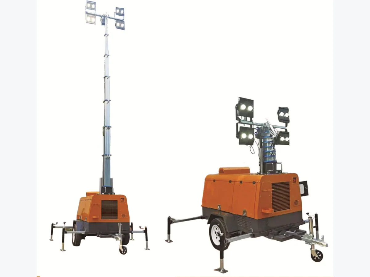 4HVP1600M mobile light tower shown with raised and lowered mast